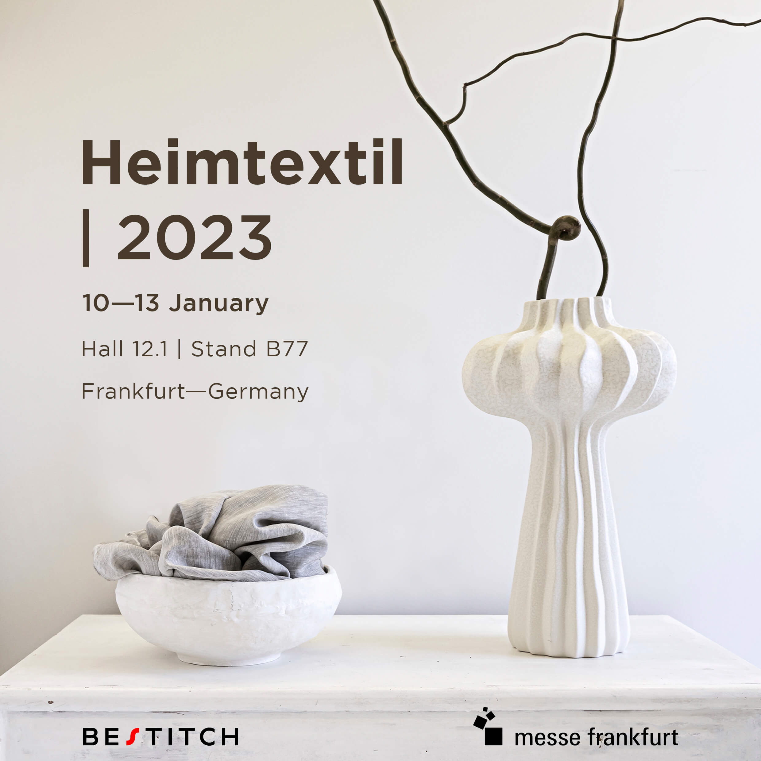 Convite Heimtextil 2023 no hall 12.1, stand B77.